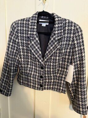 Christian Dior Cropped Tweed Blazer Black White Checkered Jacket Size 12